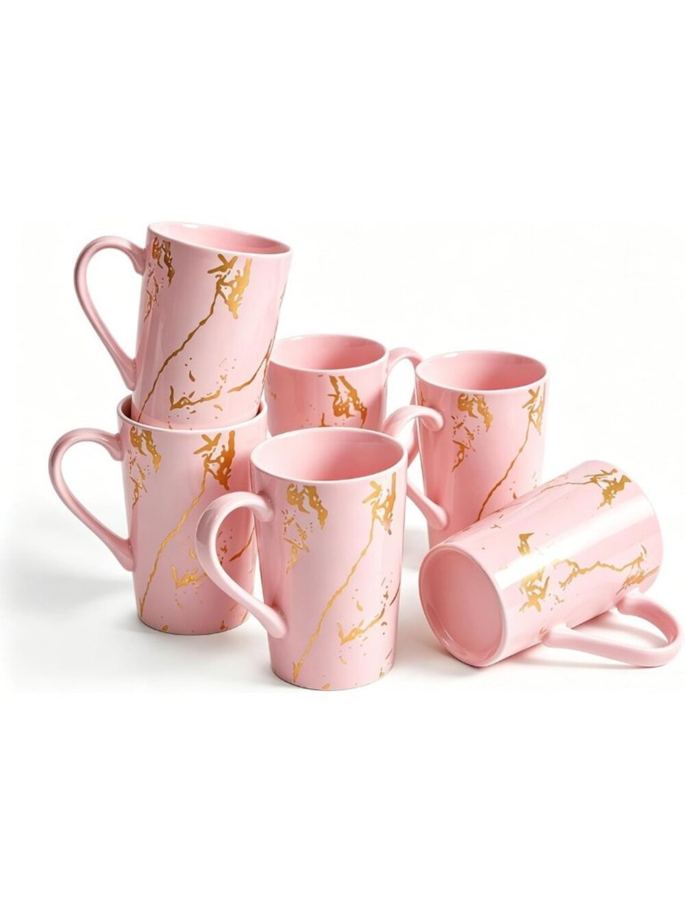 Set of 6 Pink & Gold Marble Coffee Mugs - 12 oz Porcelain Drinkware
